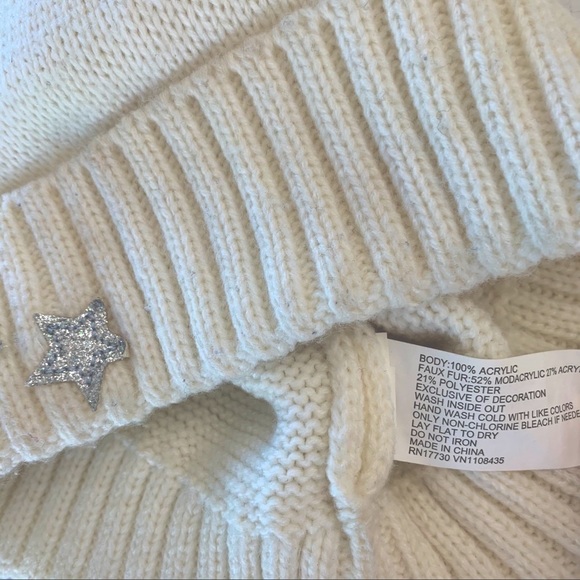 Kids Ribbed Knit Hat with Silver Stars. Cream. - Picture 4 of 4